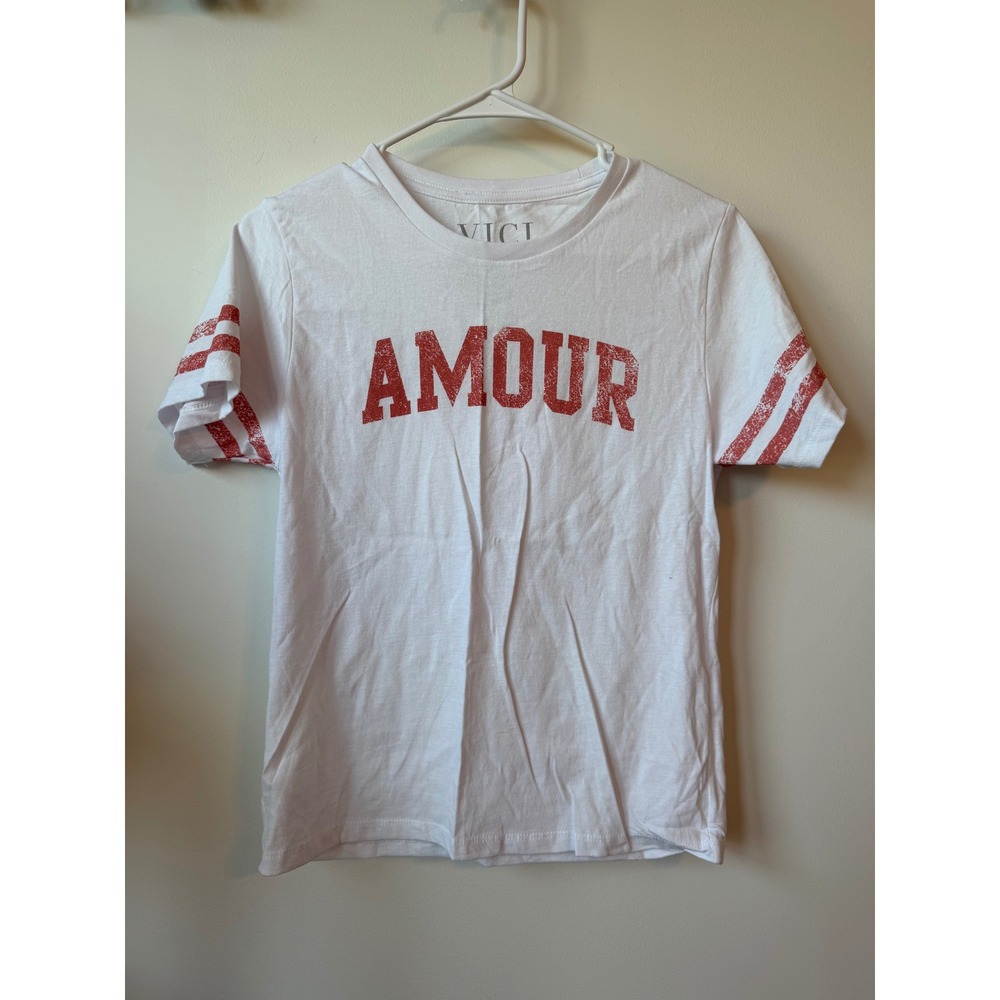 VICI Collection White Amour Graphic Tee Red Varsity Stripe Sleeve Cotton Top L
